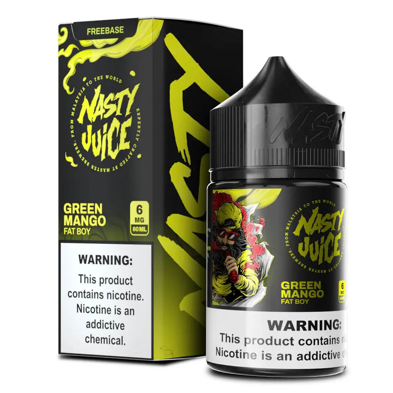 Nasty Juice Green Mango Fat Boy vape juice packaging with warning label on a white background