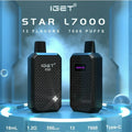 Two IGET Star L7000 vape devices on a futuristic blue background with product specifications displayed.