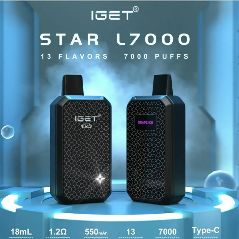 Two IGET Star L7000 vape devices on a futuristic blue background with product specifications displayed.