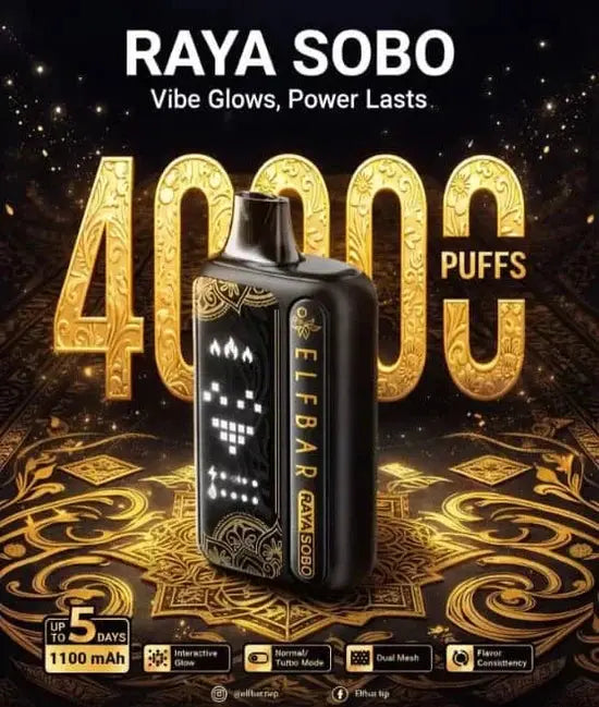 Vape device with 'ELF BAR' branding on a dark background with gold text and design elements.