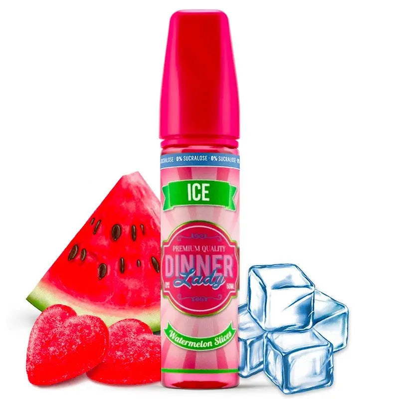 Dinner Lady Ice watermelon slice vape juice bottle with watermelon slice, gummy bears, and ice cubes on a white background